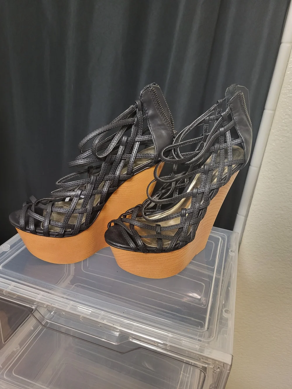 Black Strappy Wedge Sandals with Tan Wood-Effect Platform